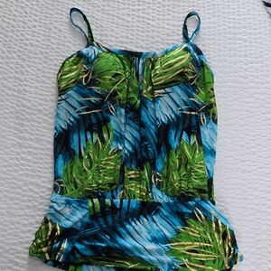 Leafy Green and Blue Women Swim Tankini Top
